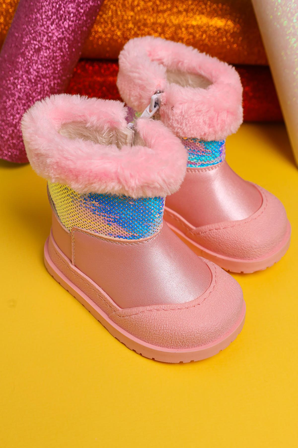Eleen Pink Sequined Fur-Lined Baby Boots