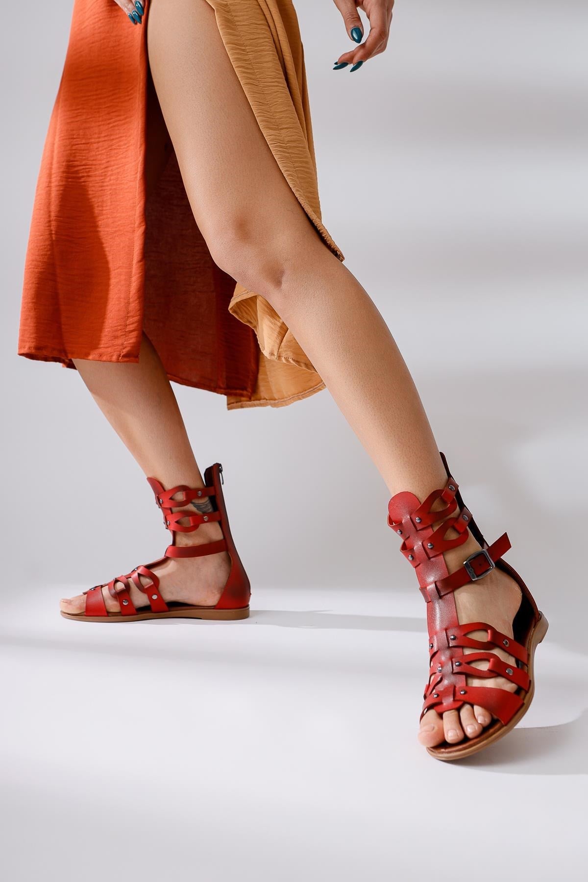 Georgina Genuine Leather Red Studded Gladiator Sandals