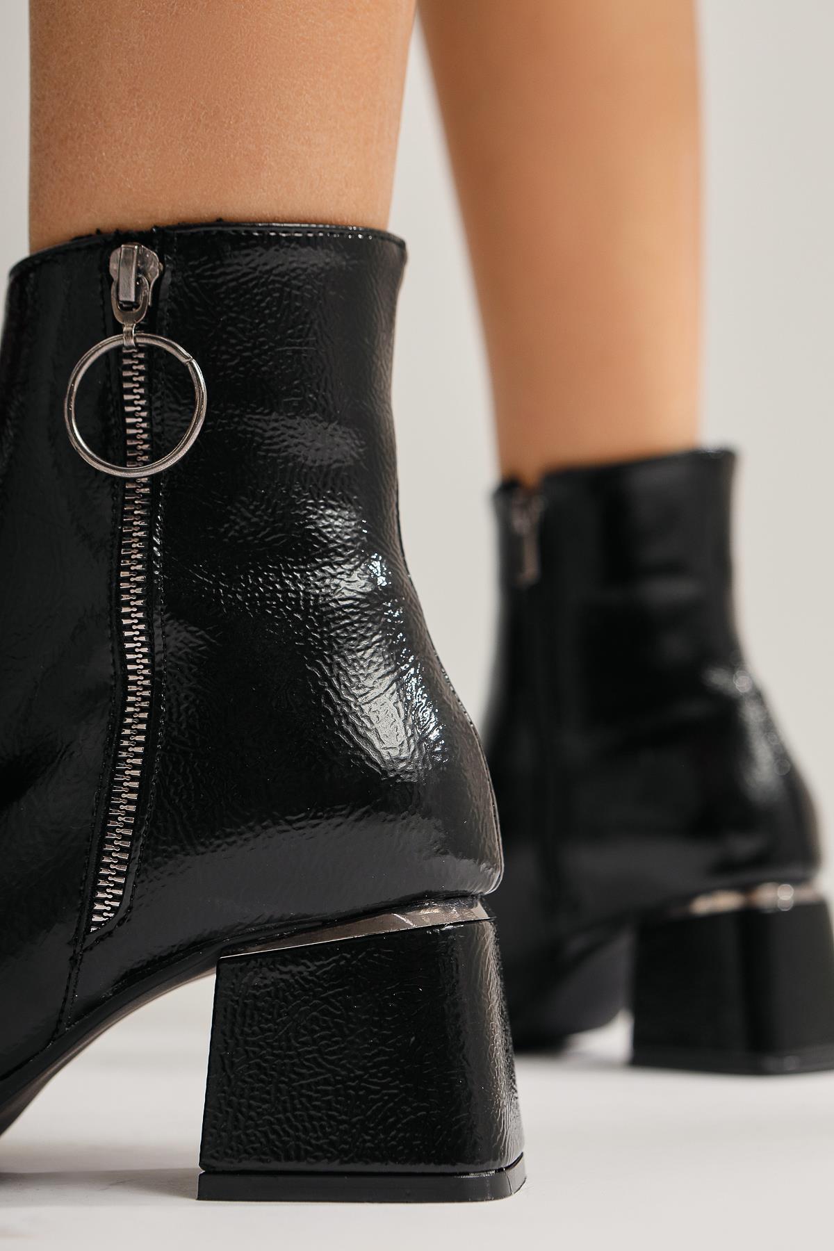 Deyana Black Crinkled Patent Leather Boot with Zipper Accessory