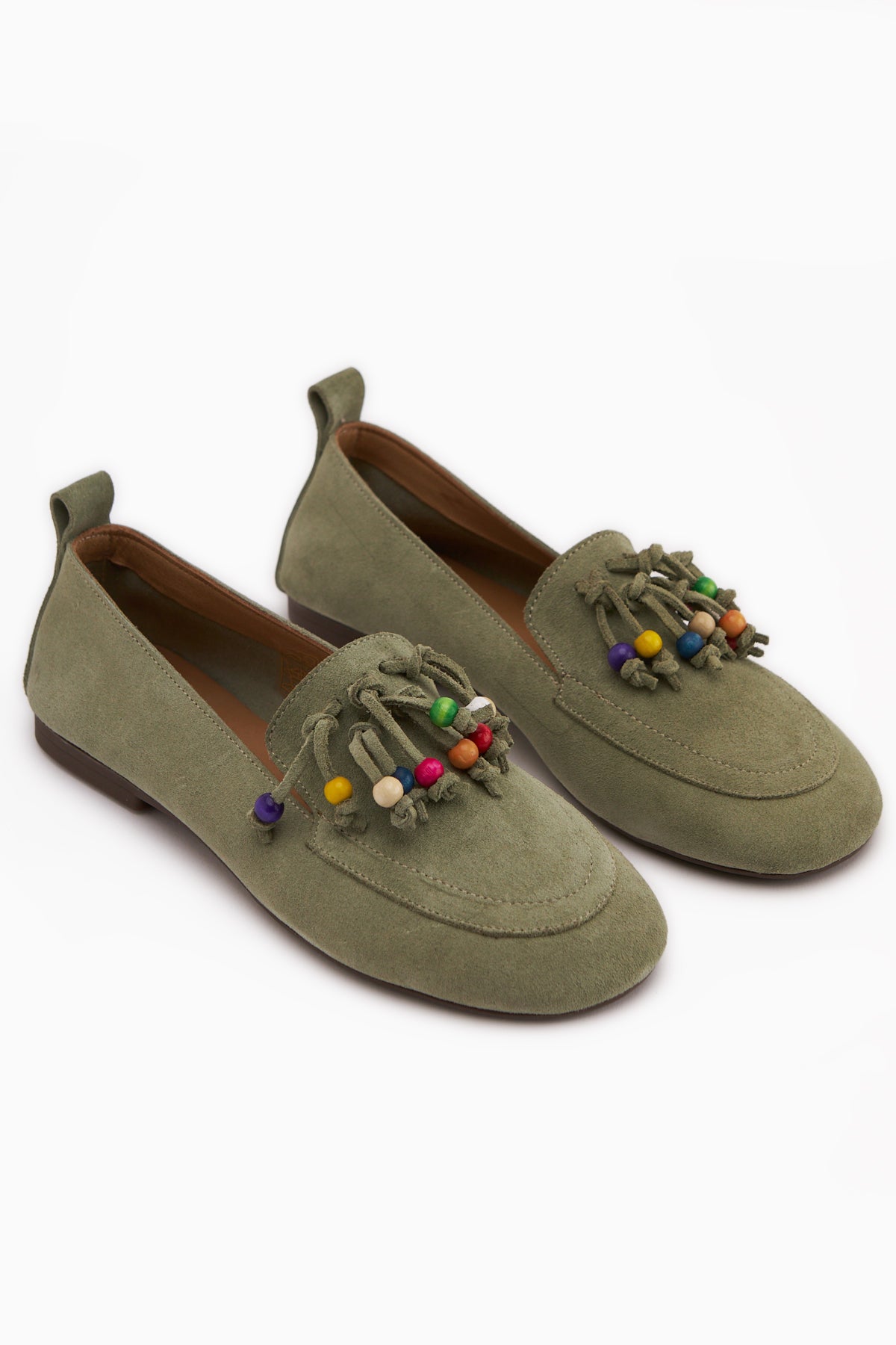 Benita Genuine Leather Khaki Beaded Detailed Women’s Loafer