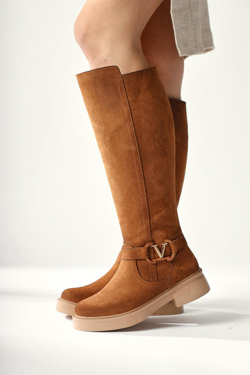 Ginan – Cognac Suede Buckle-Detail Low Heel Zipper Knee-High Boot (Women)