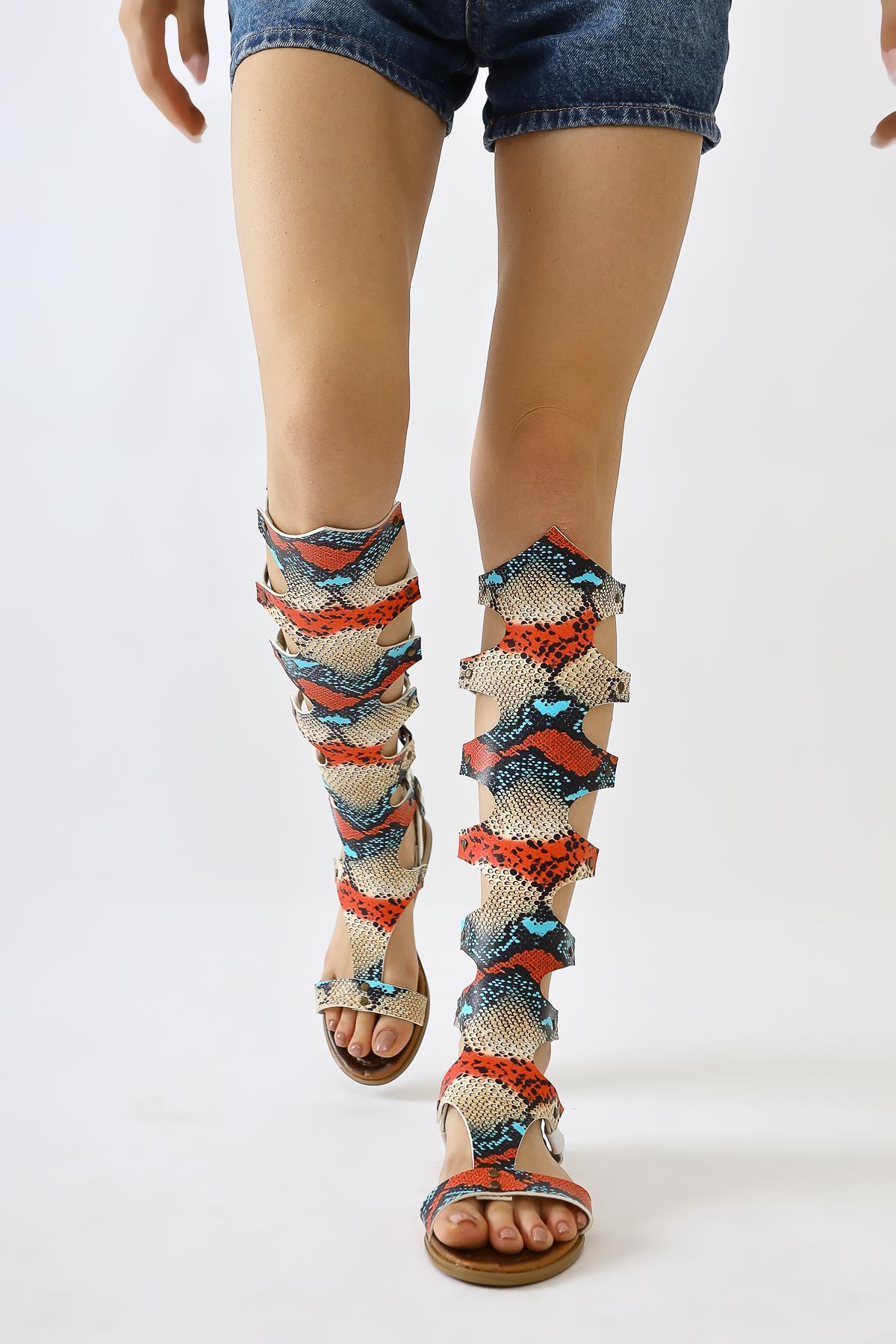 Lilith Genuine Leather White Snake Skin Patterned Knee-High Gladiator Sandal