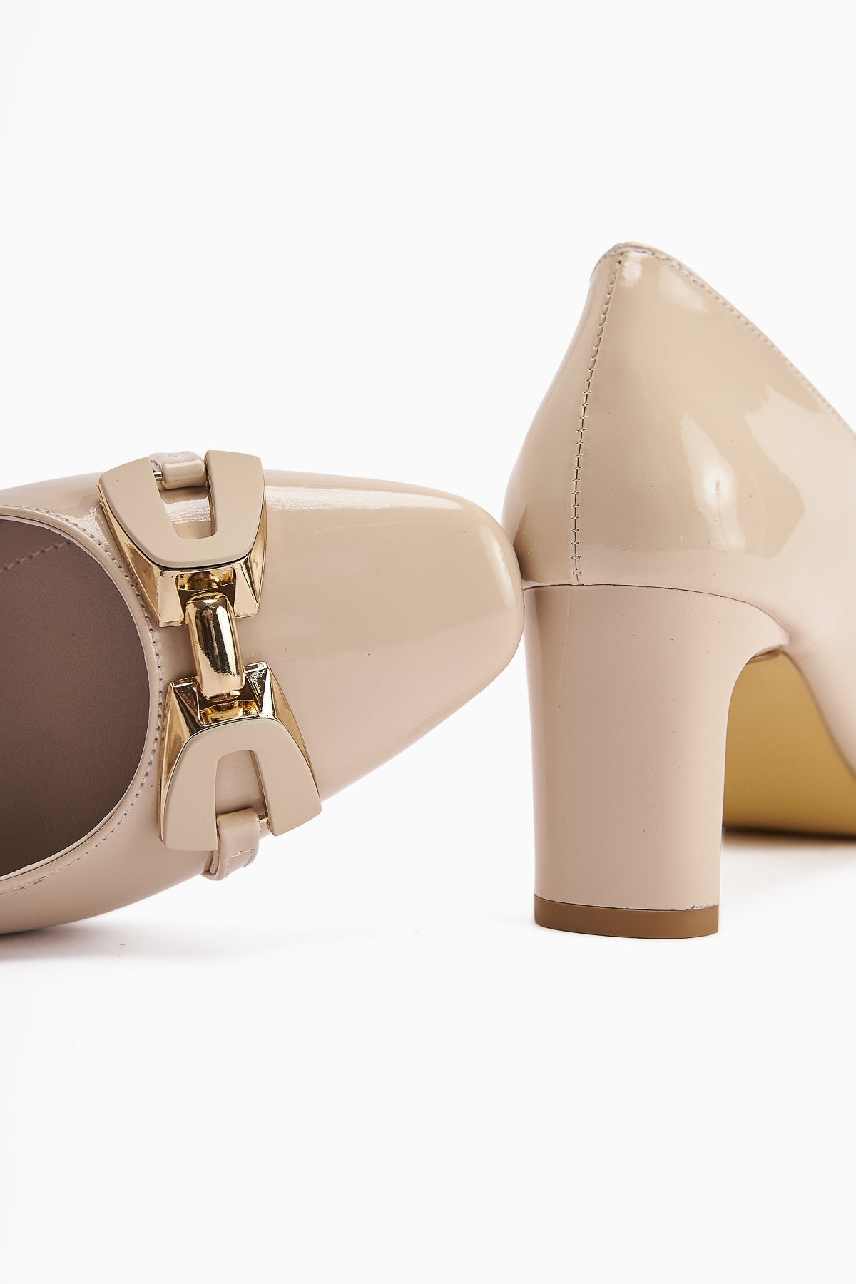 Misha Beige Patent Leather Buckled Women's Heels