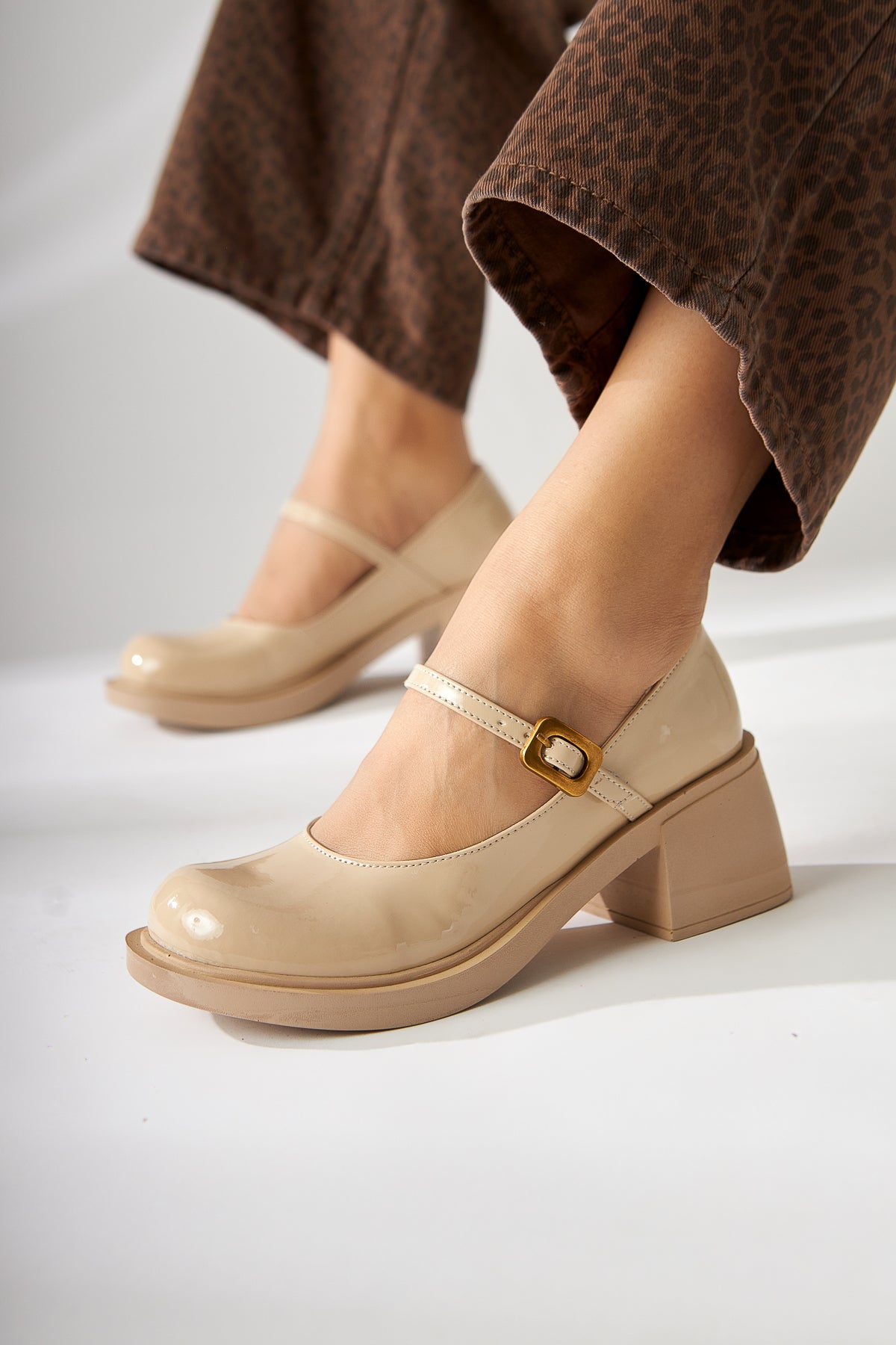 Mirka Beige Patent Strap Women’s Loafer Shoes