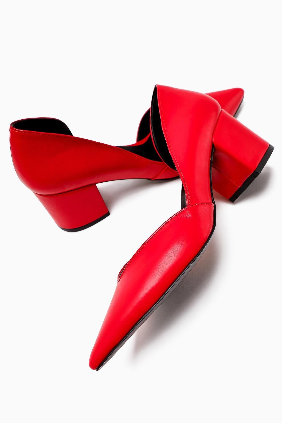Albena Genuine Leather Red Pointed Toe Detailed Women’s Heeled Shoes