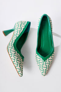 Lottis – Green Geometric-Patterned Pointed-Toe Heeled Shoe (Women)