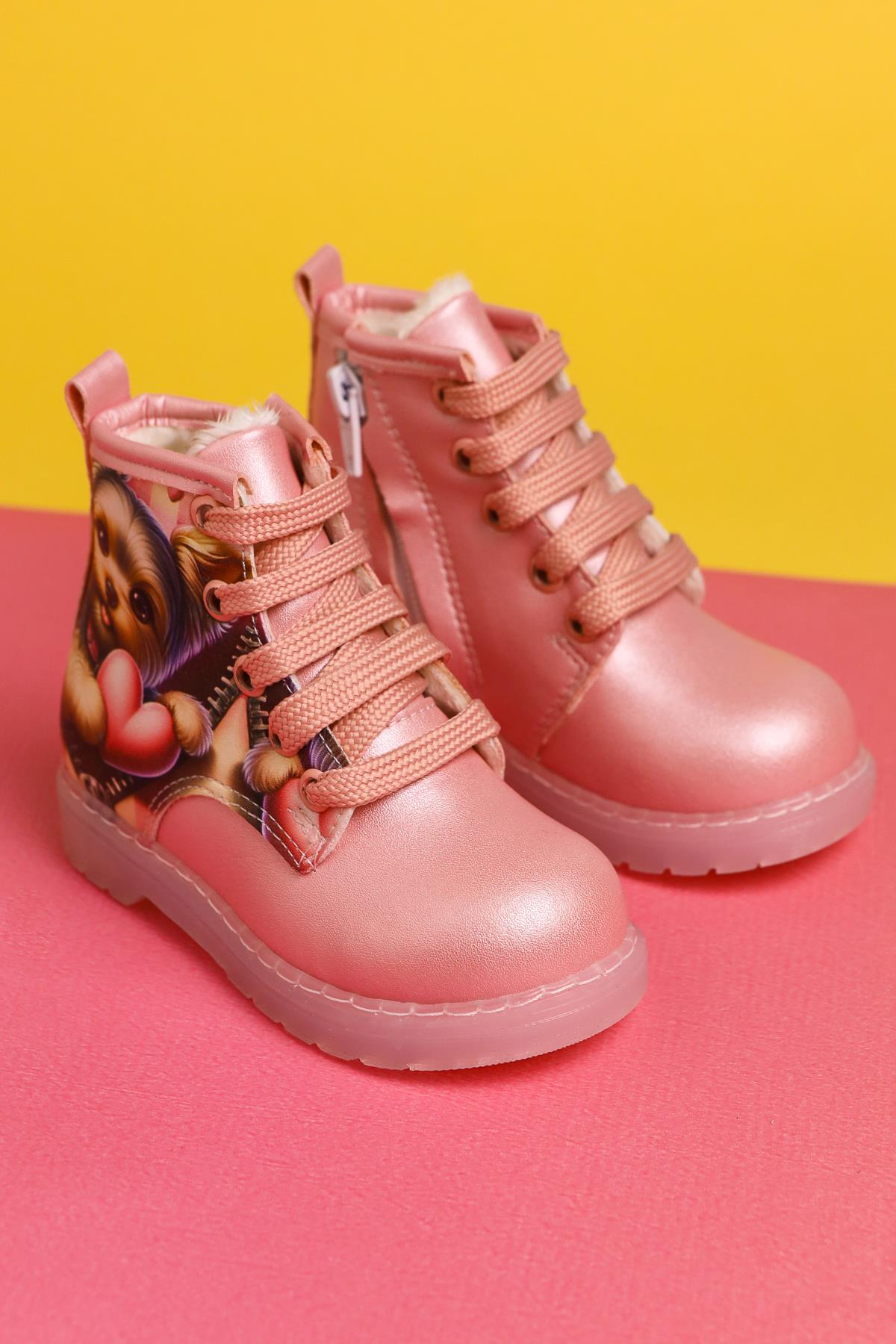 Jannice Pink Cartoon Character Print Light-Up Lace-Up Baby Boots