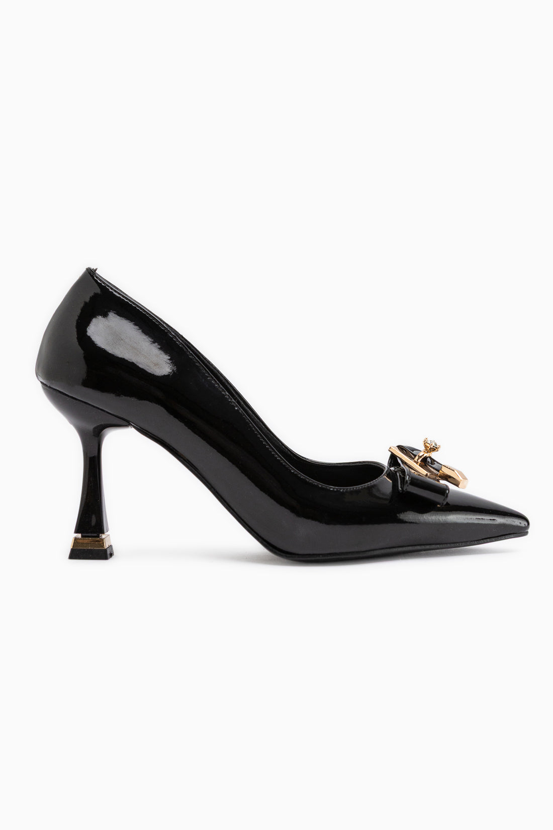 Mimosa Black Patent Pointed Toe Single Stone Buckle Detailed Women’s Heeled Shoes