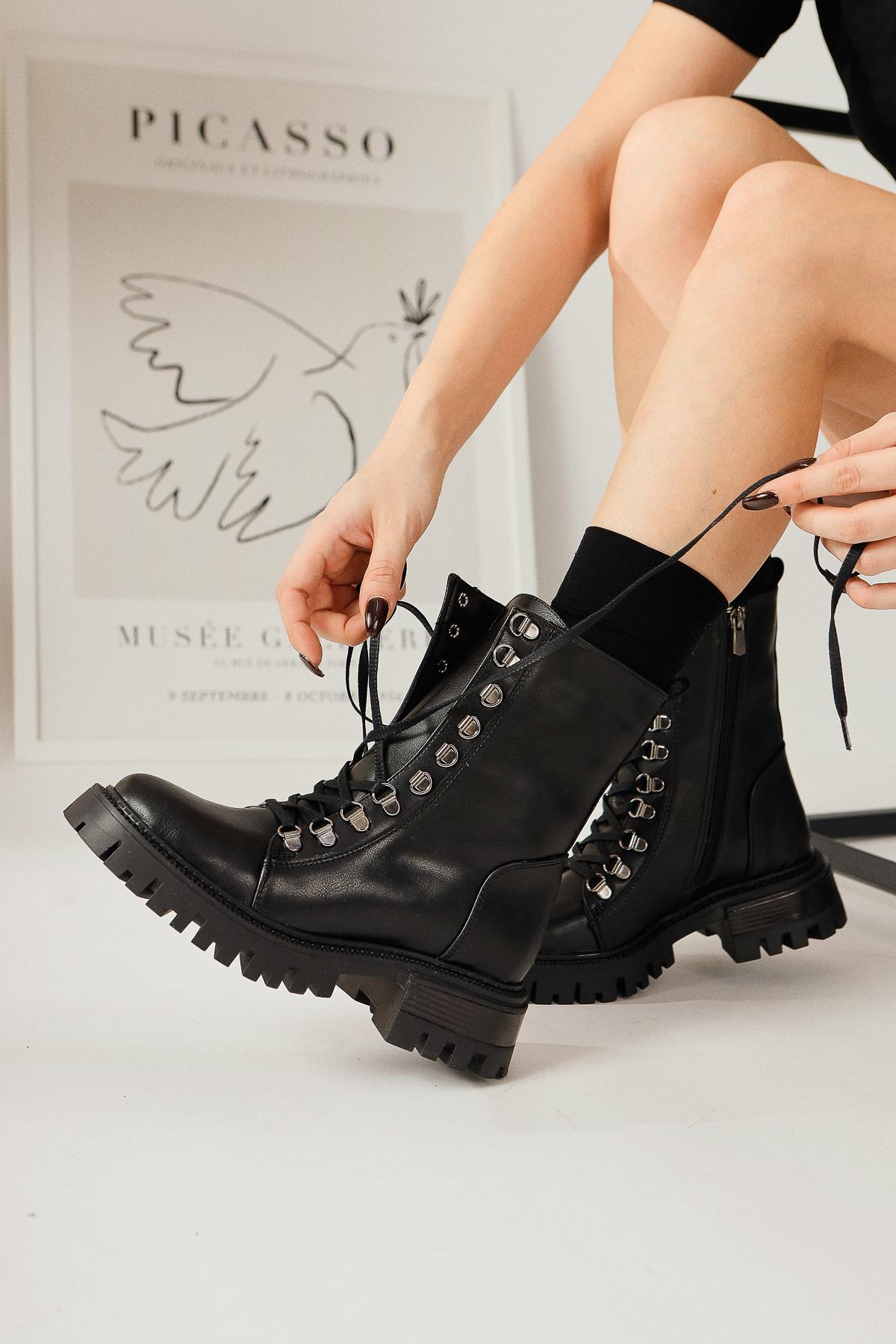 Suzette – Black Lace-Up Thick-Sole Boot (Women)