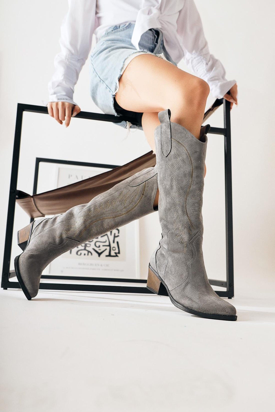 Hero – Gray Suede Embroidered Knee-High Boot (Women)