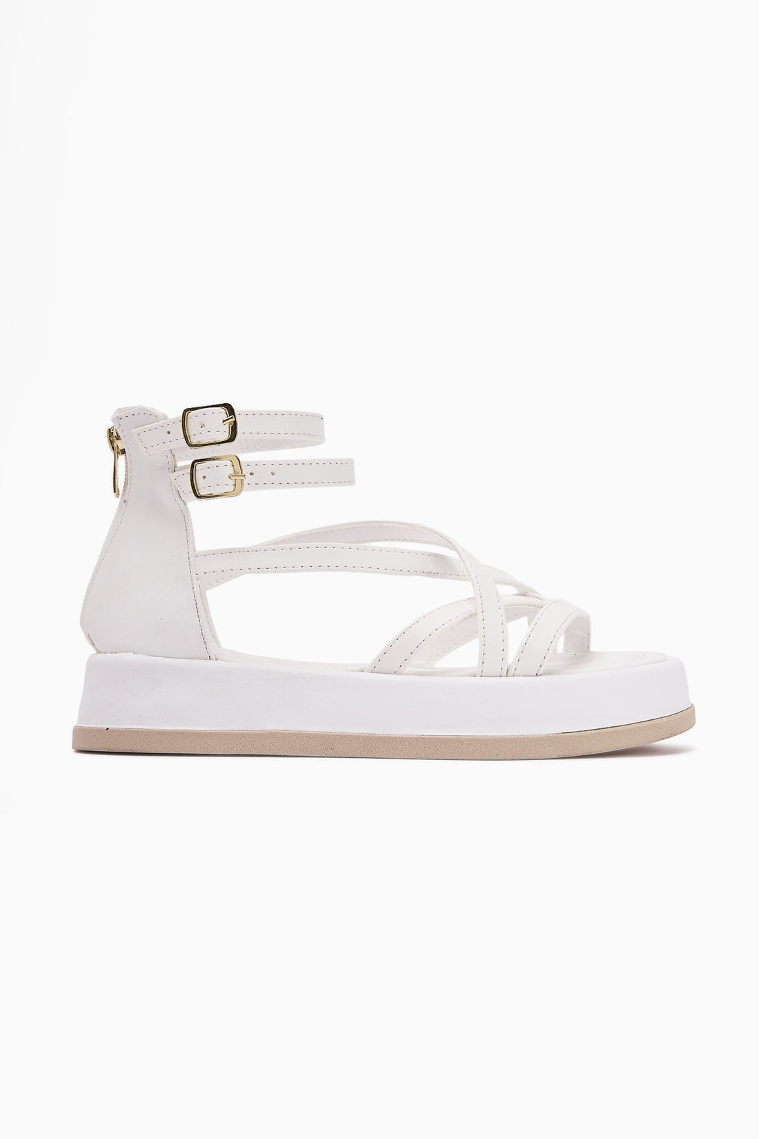 Sara White Women's Sandal with Cross Straps, Thick Sole, Ankle Buckle