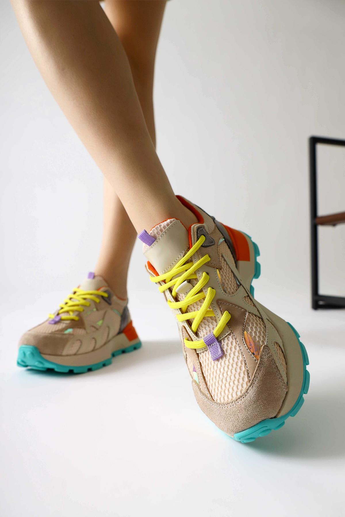 Moe Beige Lace-Up Sneakers with Mesh Detail