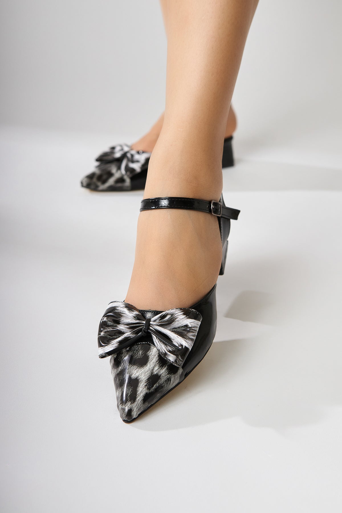 Silvia Black Ankle-Tie Leopard Bow-Tie Women's Sandal