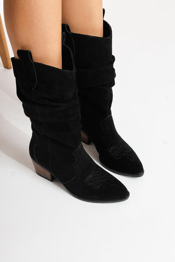 Lise-Britt – Black Suede Gusseted Embroidered Western Boot (Women)