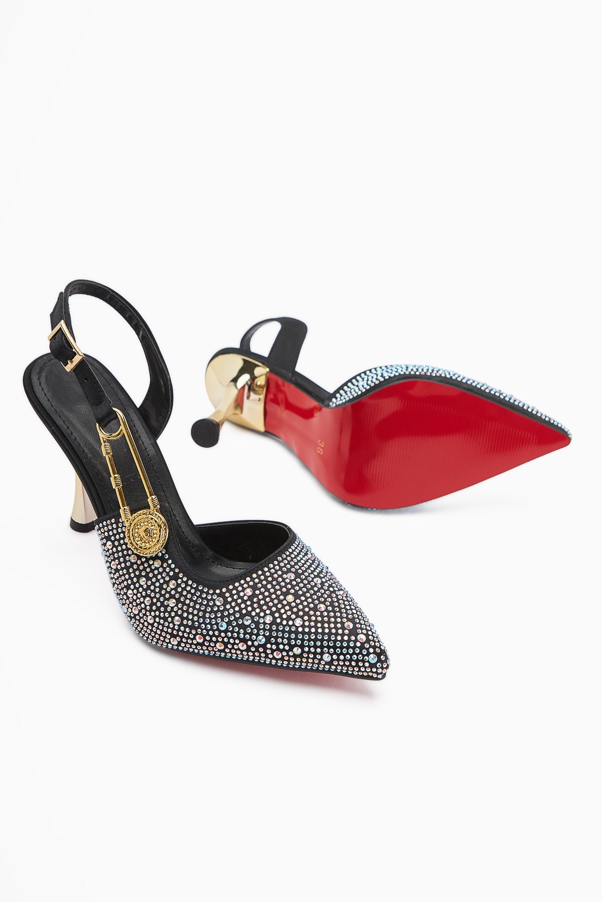 Denise – Silver; Beige/Light-Gold Tones Stone-Embellished Shiny Ankle-Tie Pointed-Toe Slim Heel Open-Back Ankle-Strap Gold-Chain Side Accessory Shoe (Women)