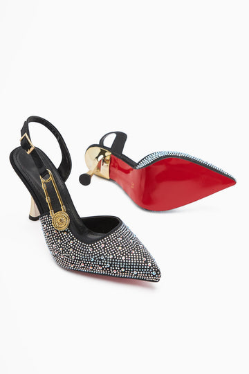 Denise – Silver; Beige/Light-Gold Tones Stone-Embellished Shiny Ankle-Tie Pointed-Toe Slim Heel Open-Back Ankle-Strap Gold-Chain Side Accessory Shoe (Women)