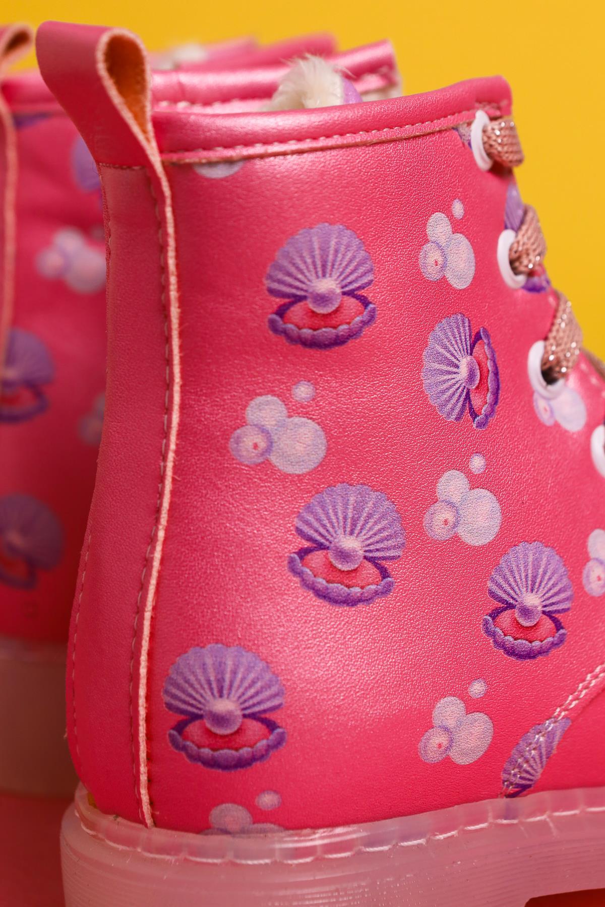 Johline Pink Sea Creature Print Lace-Up Light-Up Kids Boots