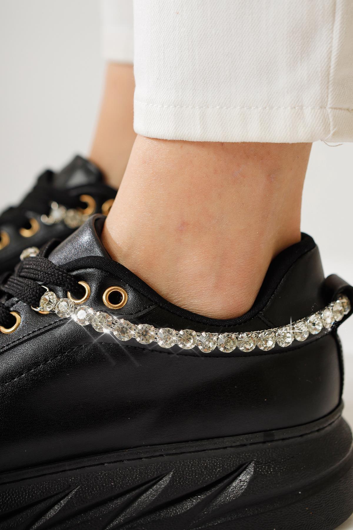 Simonne Black Diamond Stone Detailed Lace-Up Sneakers