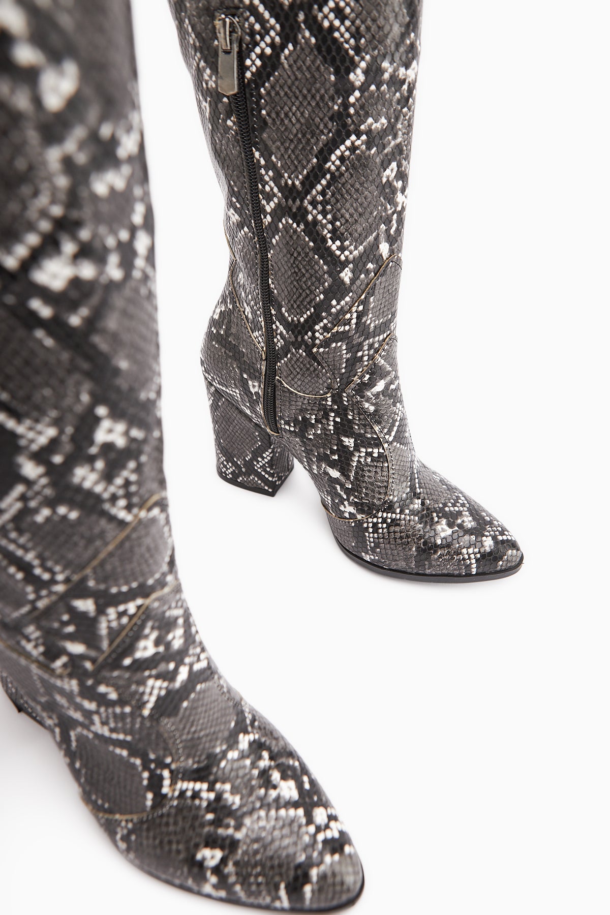 Keri Black Snake Pattern Asymmetrical Cut Women’s Short Heeled Boots