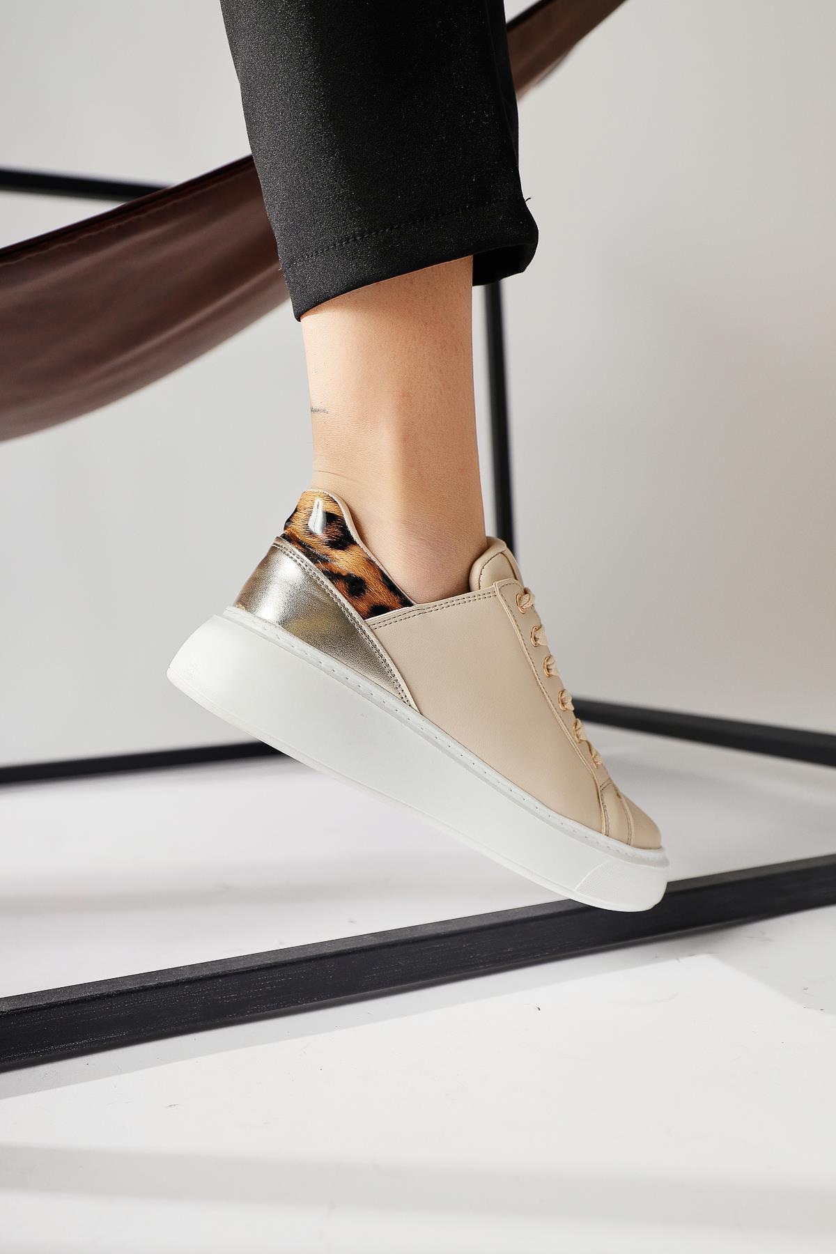 Tinka Cream Thick Soled Sneakers with Leopard Detail