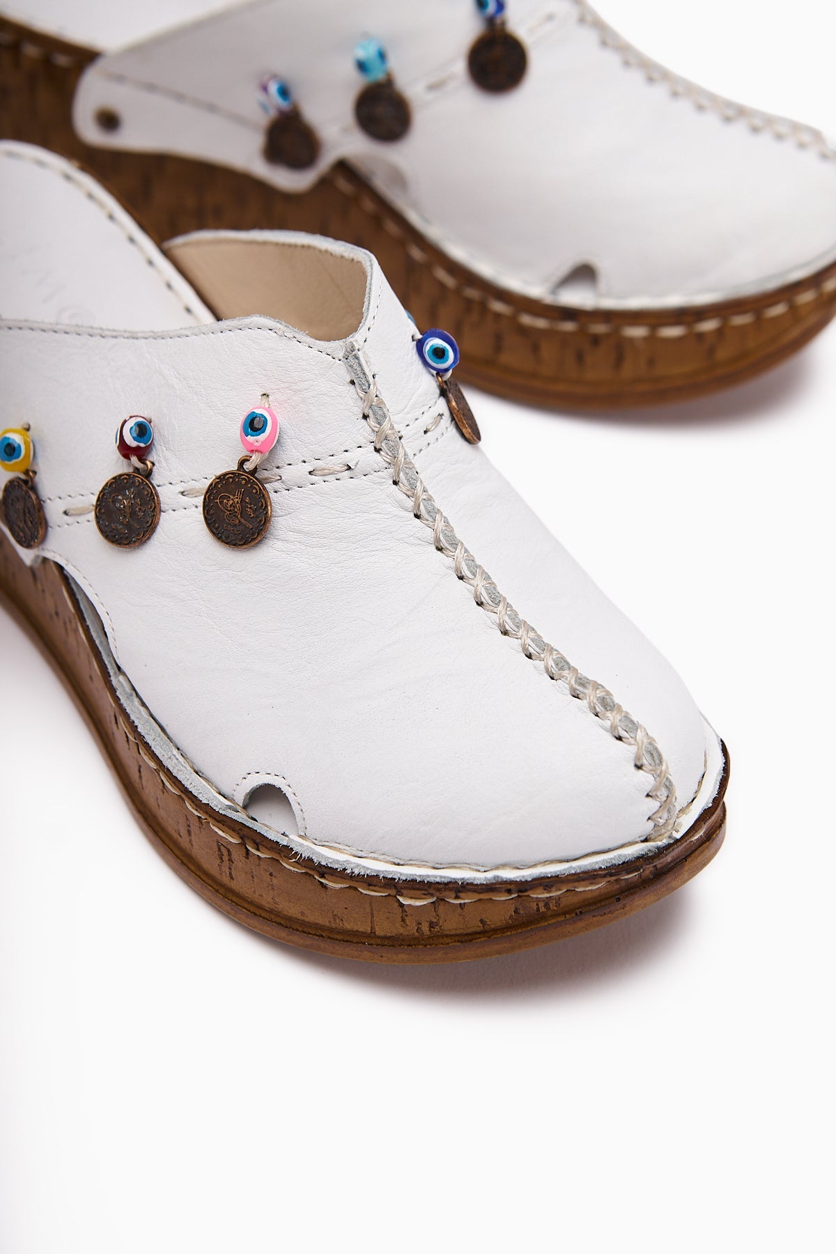 Annika Genuine Leather White Antique Detailed Wedge Mule Slippers