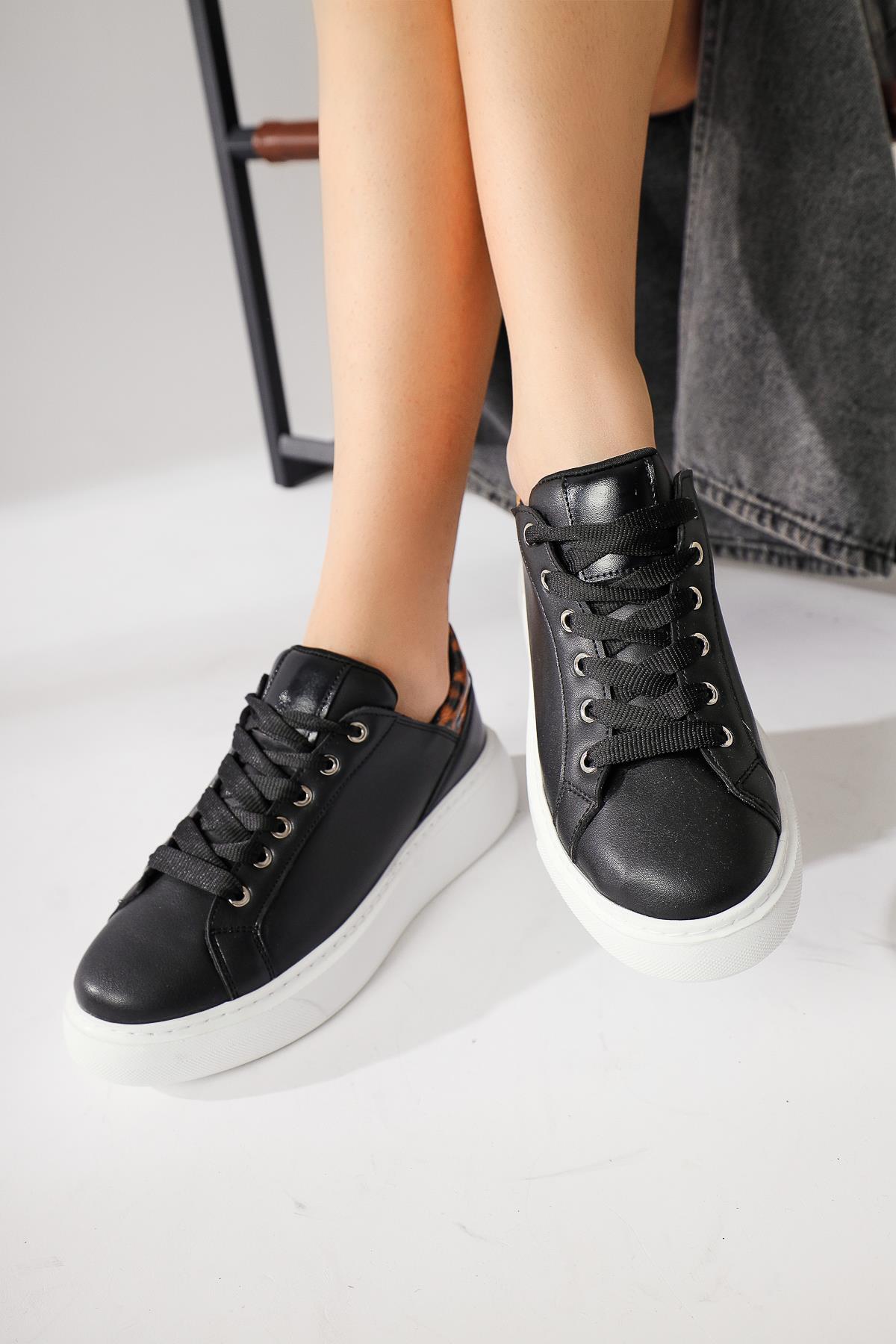 Tinka Black Thick Sole Leopard Detail Sneakers