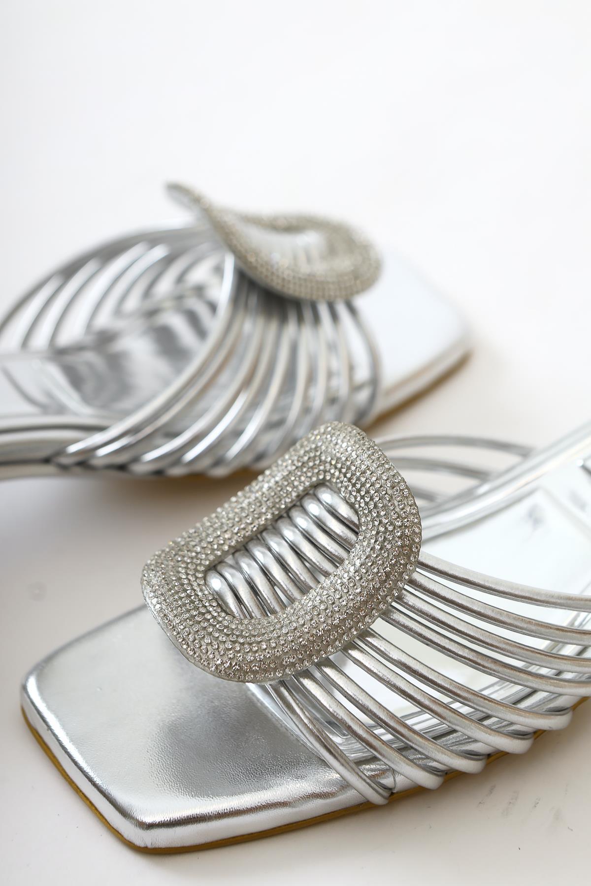 Katerin Silver Patent Leather Sandals with Stone Buckle Detail