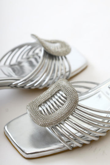 Katerin Silver Patent Leather Sandals with Stone Buckle Detail