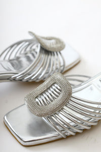 Katerin Silver Patent Leather Sandals with Stone Buckle Detail