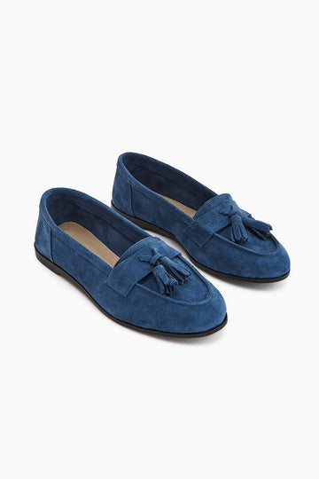 Doris Genuine Leather – Blue Suede Tassel-Detail Loafer (Women)
