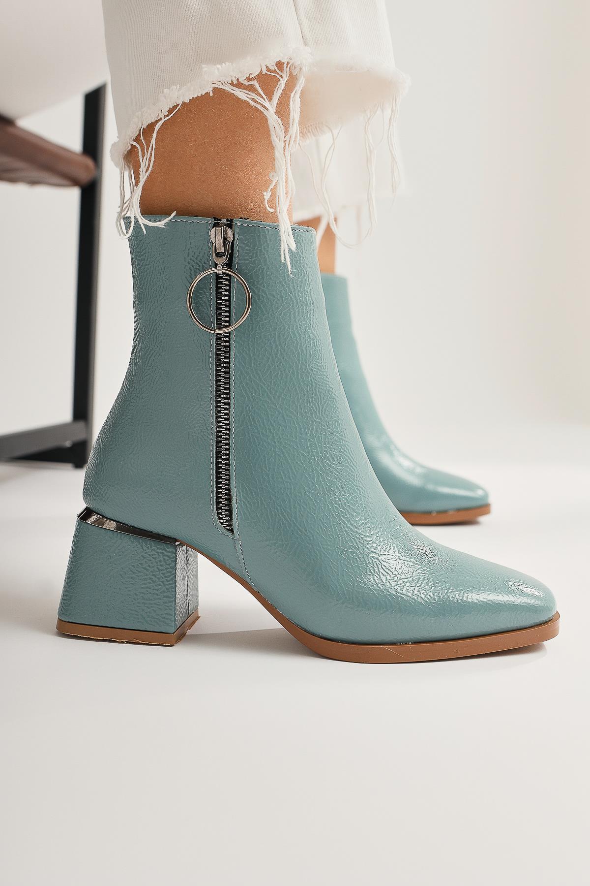 Deyana Turquoise Crinkled Patent Leather Zipper Accessorized Boot