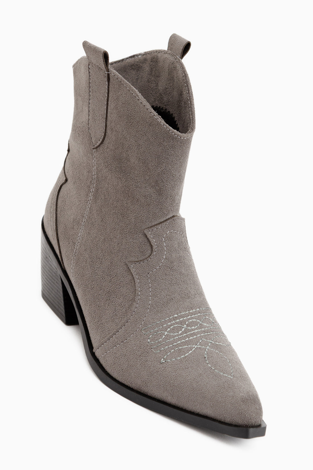 Joo Gray Suede Pointed Toe Embroidered Western Boots