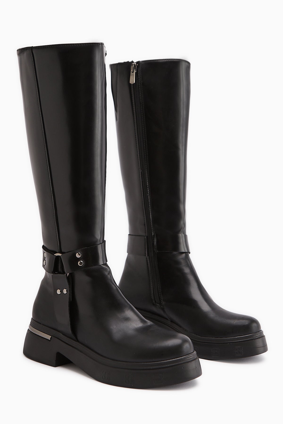 Lani Black Patent Buckle and Stud Detailed Women’s Boots