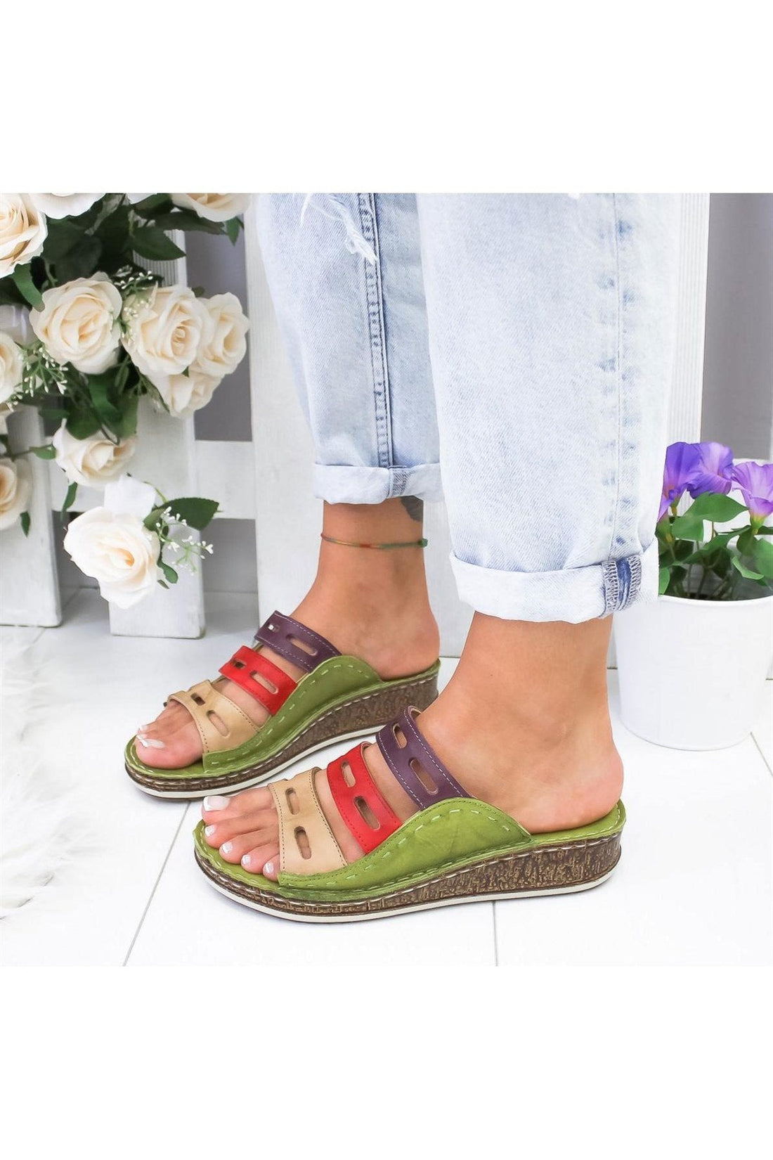 Joelle – Genuine Leather Green Laser-Cut Slide (Women)