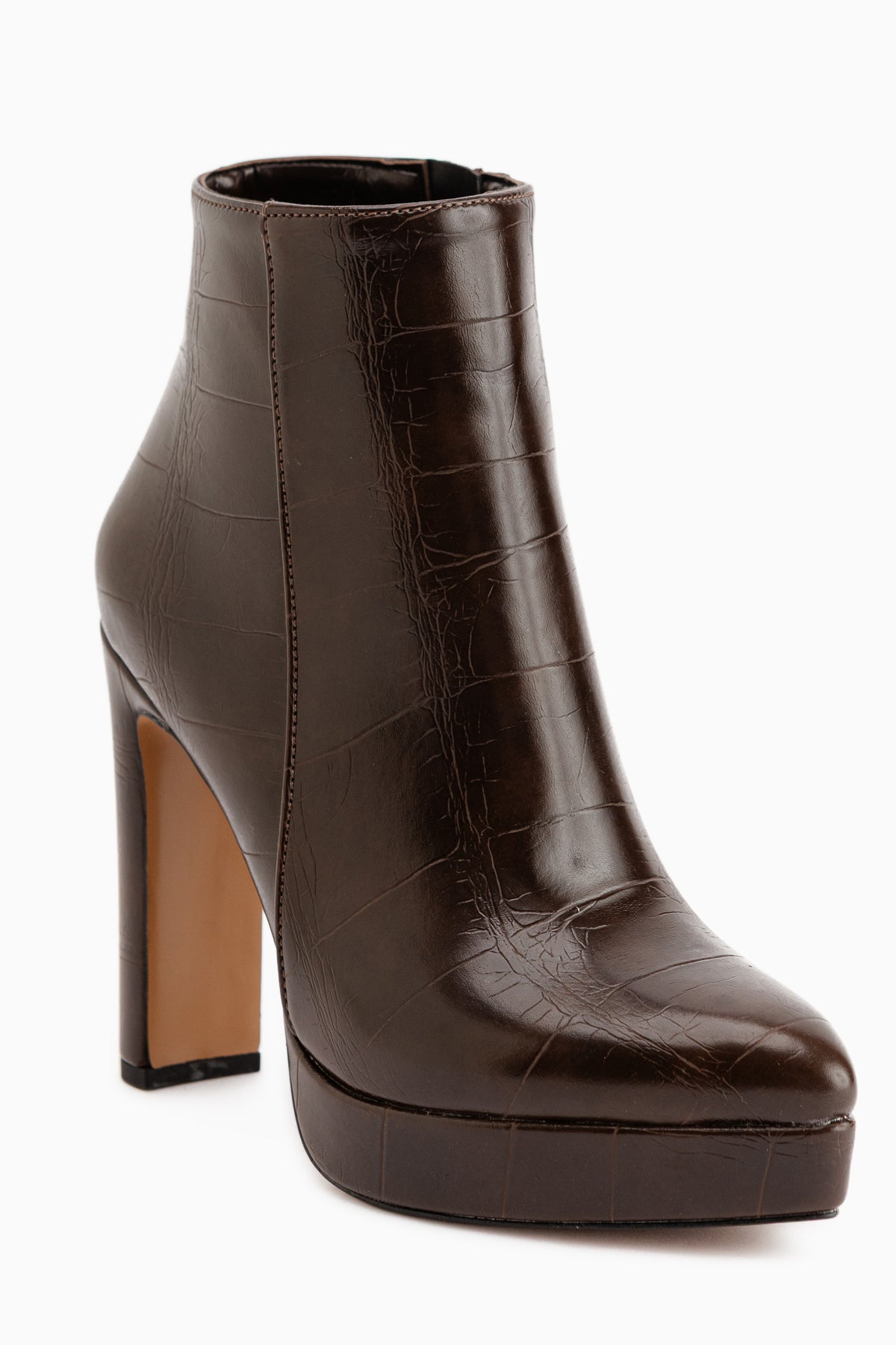 Abbie Brown Crocodile Pointed High Heeled Zipper Boots