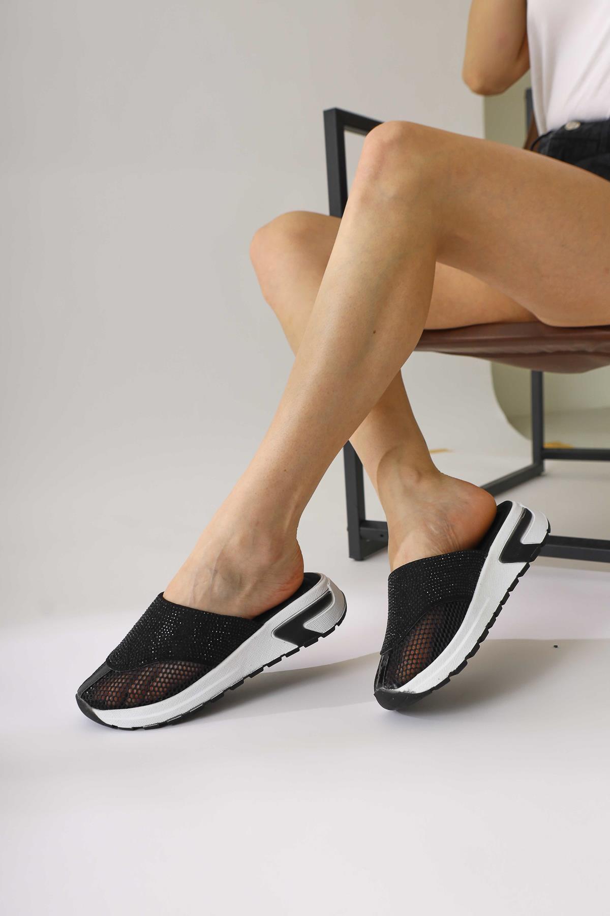 Suma Black Mesh Detailed Embellished Slides