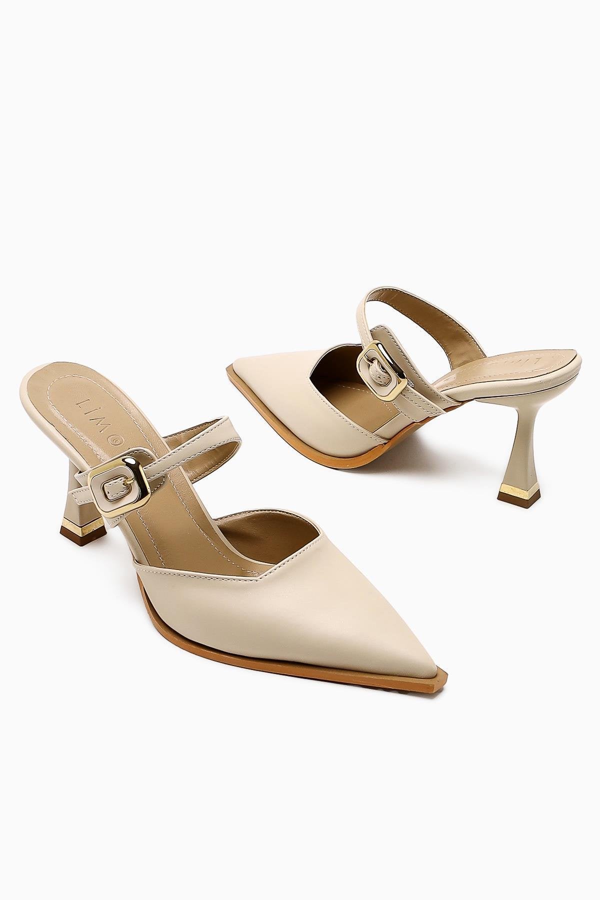 Beige Buckled Closed Toe Women’s Heeled Shoes