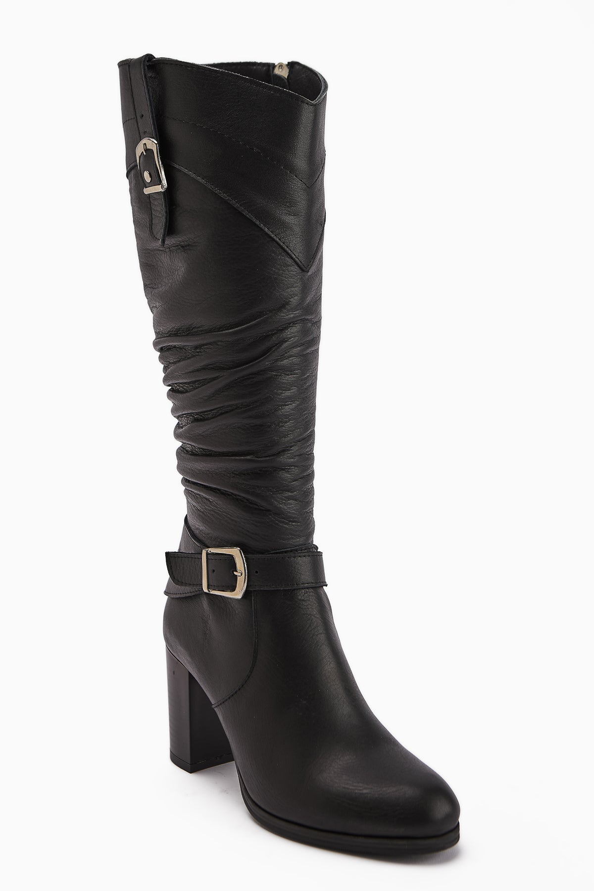 Ting Genuine Leather – Black Buckle-Detail Heeled Knee-High Boot (Women)