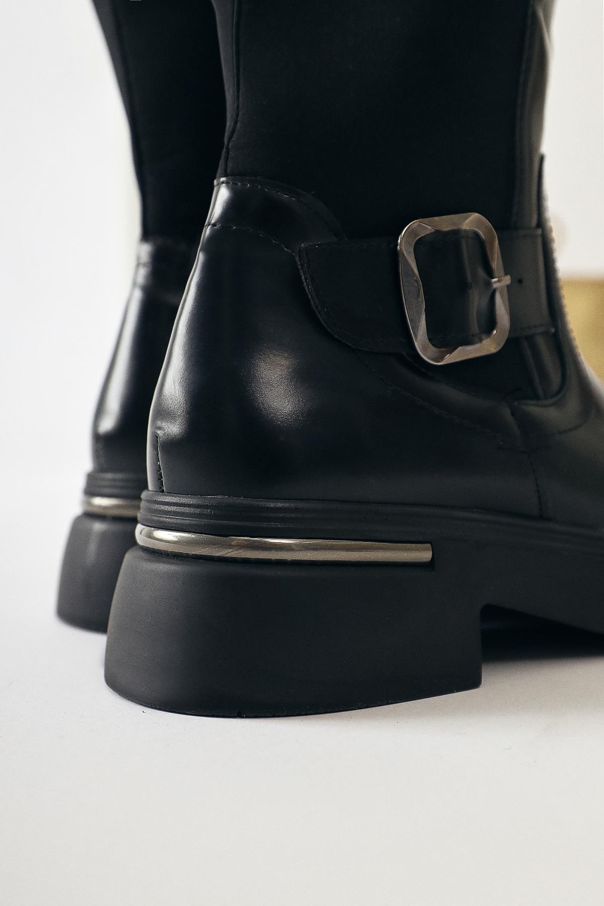 Faria Black Patent Leather Chunky Heeled Boots with Scuba Fabric and Buckle Details