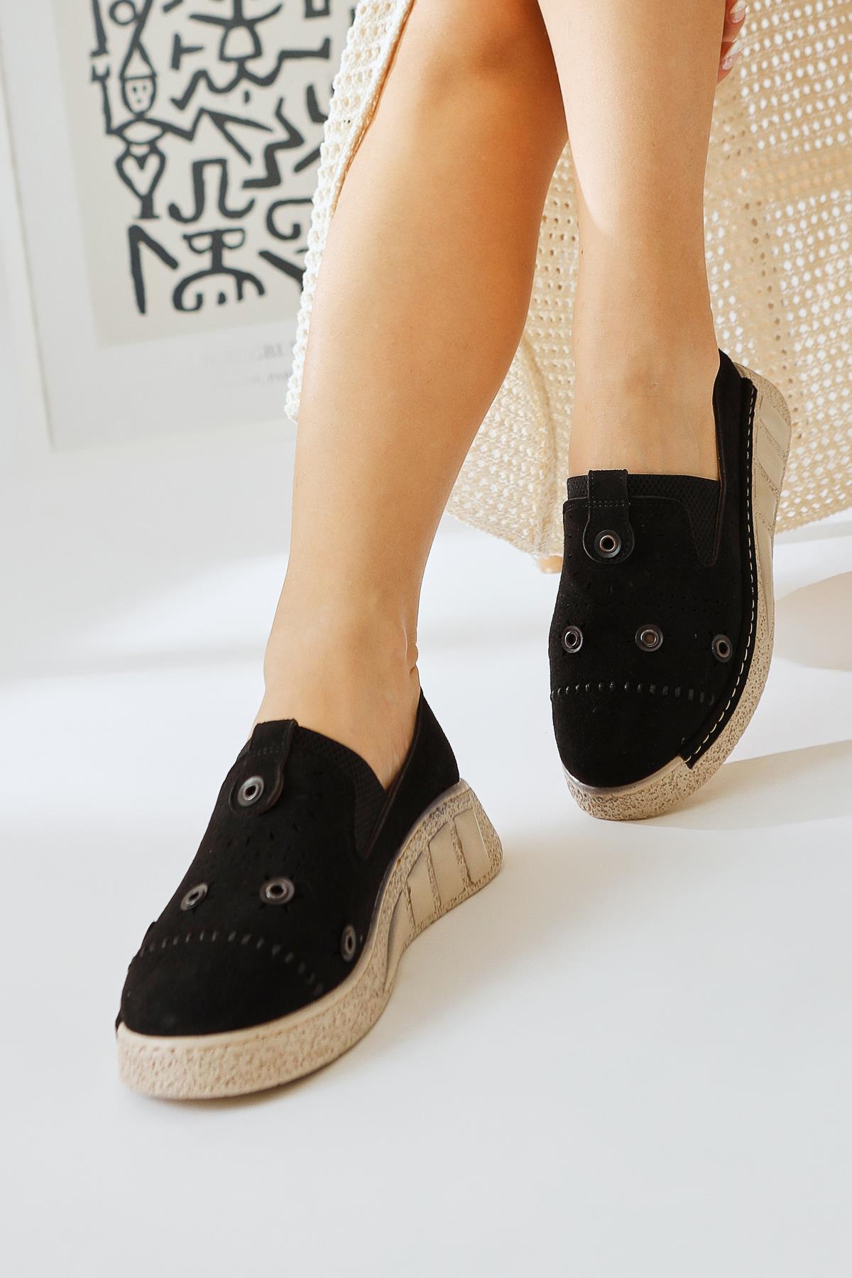 Bethina Black Suede Flat with Rivet Details and Laser Cutouts