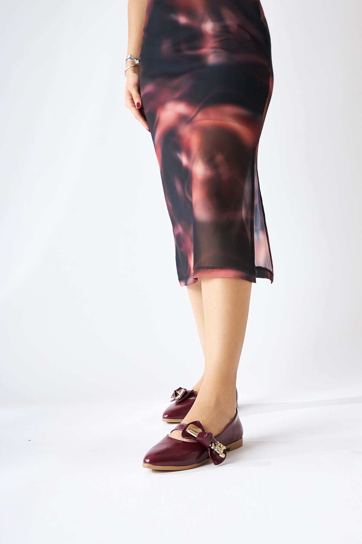 Joselin Burgundy Crinkled Patent Leather Flat with Bow Accessory