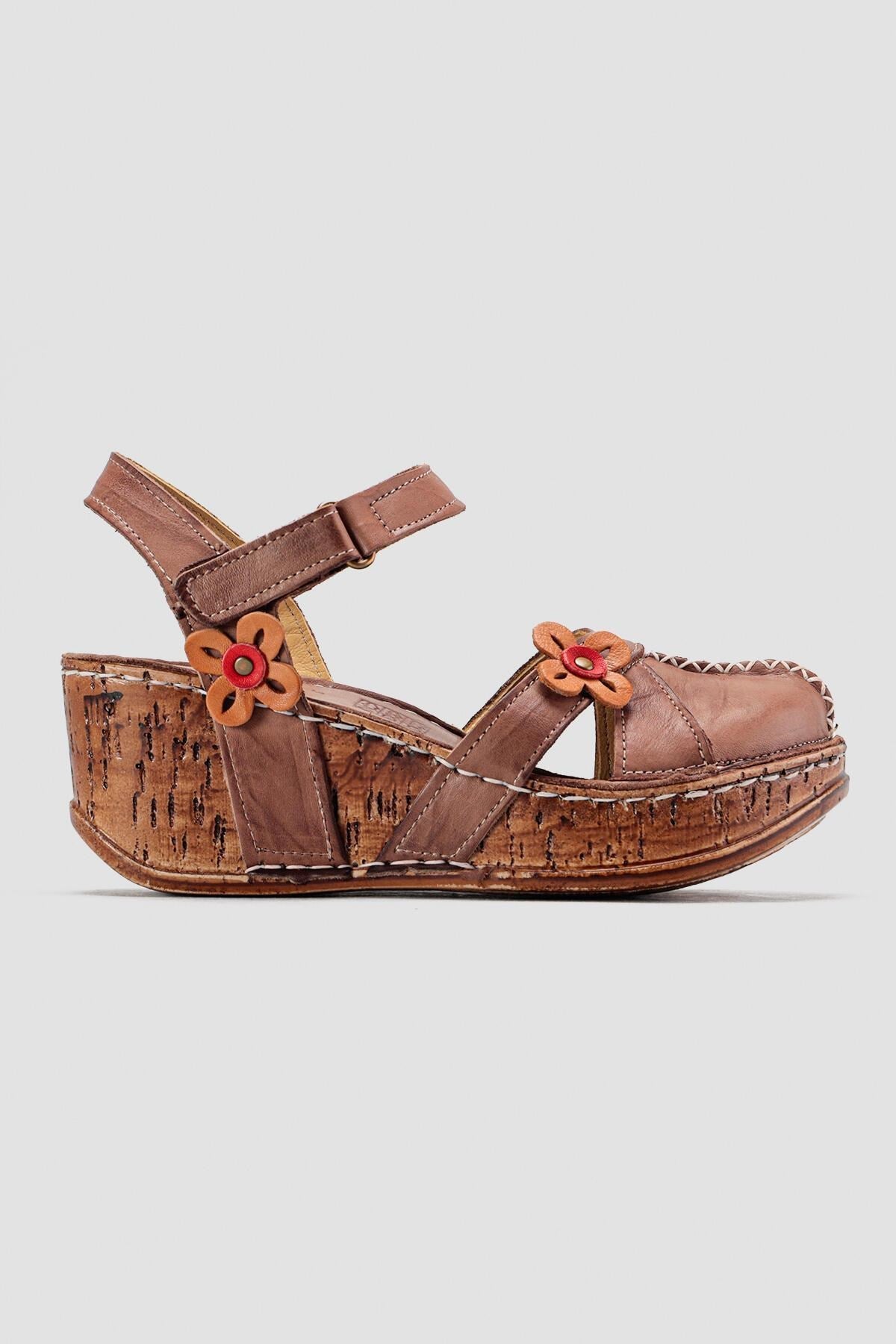 Katlyn Earth Genuine Leather Sandals with Floral Detail and Chunky Heels