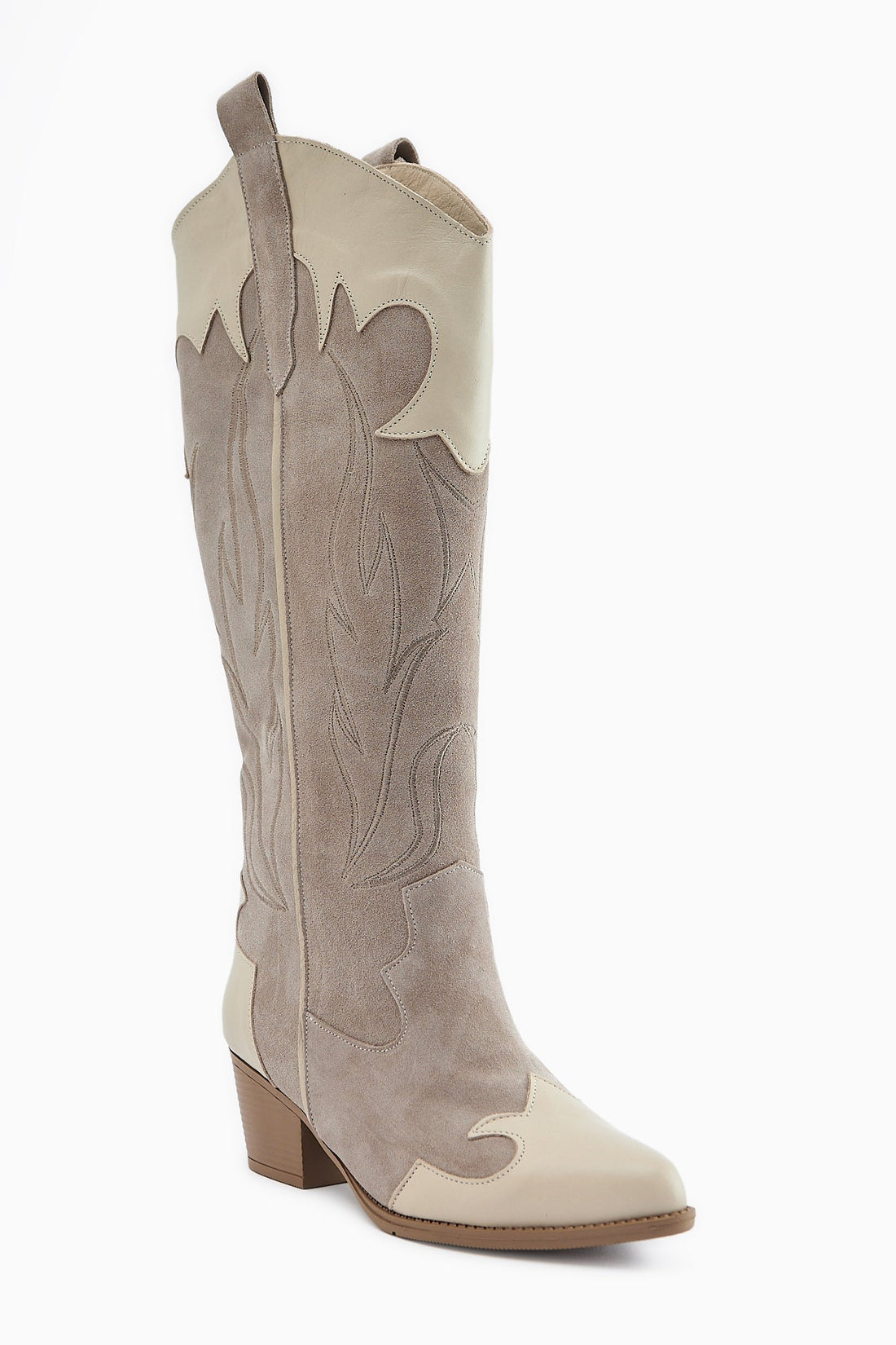 Lara Genuine Leather Beige Suede Embroidered Leather Detailed Heeled Western Boot