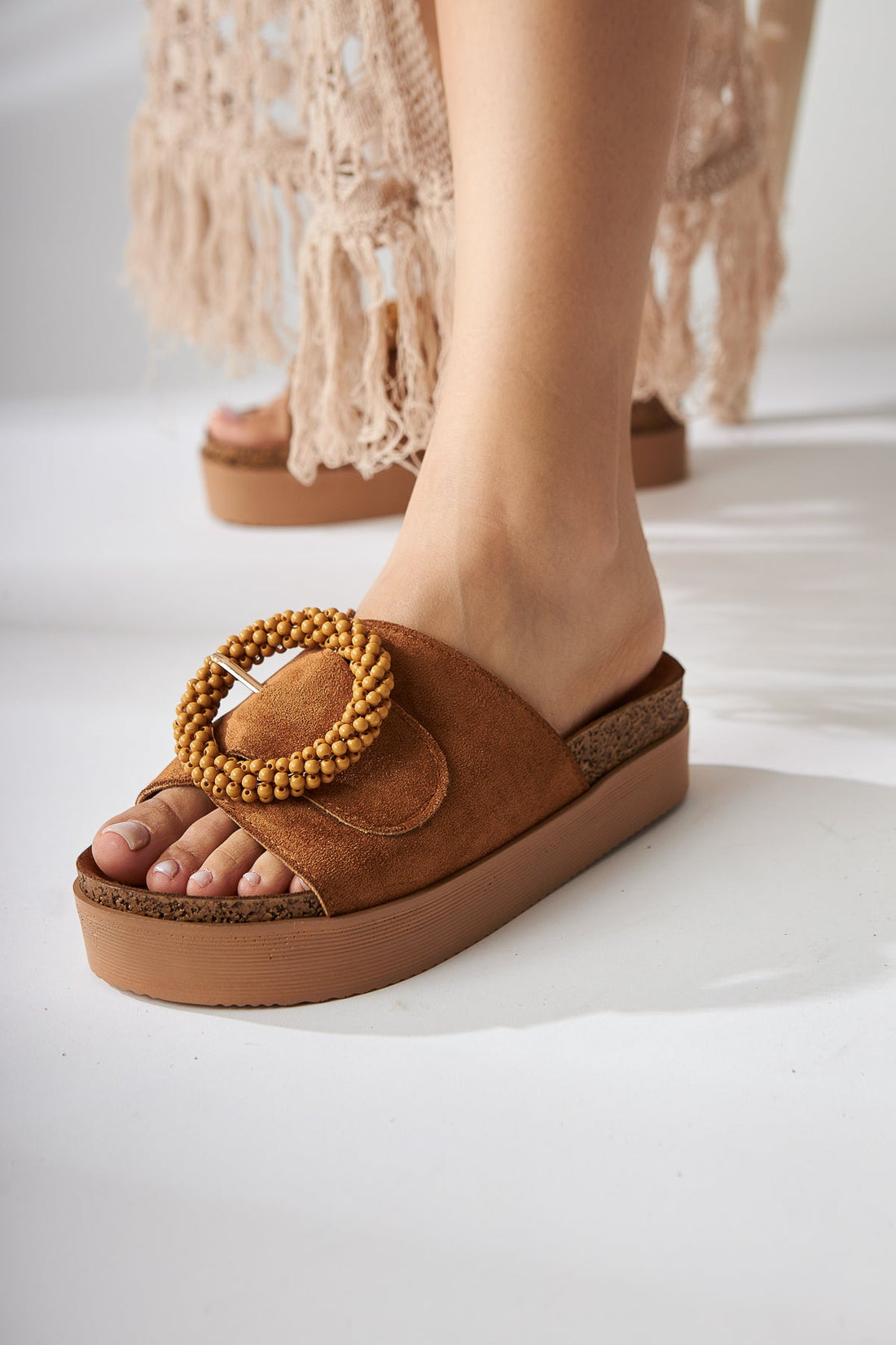Kamila – Cognac Suede Vegan Material Bead-Detail Slide (Women)