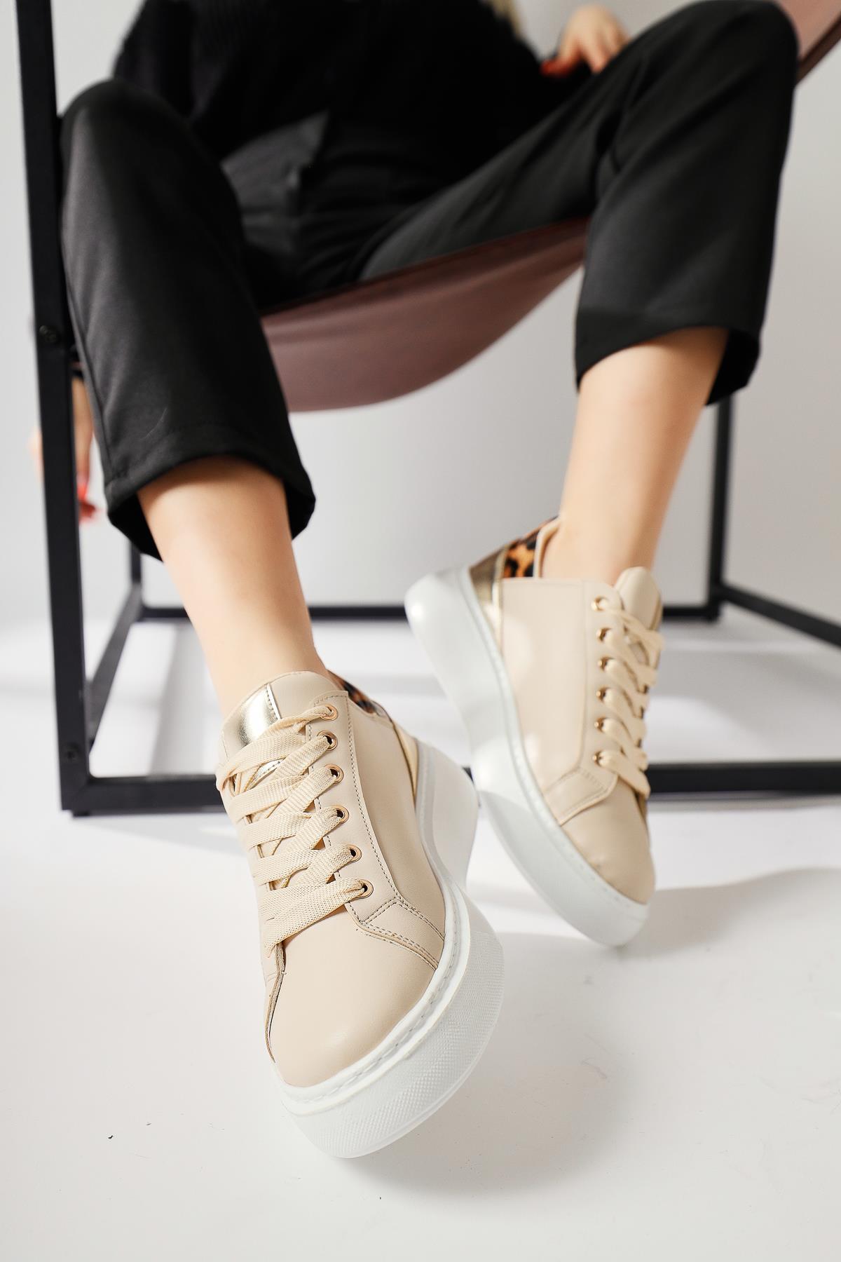 Tinka Cream Thick Soled Sneakers with Leopard Detail