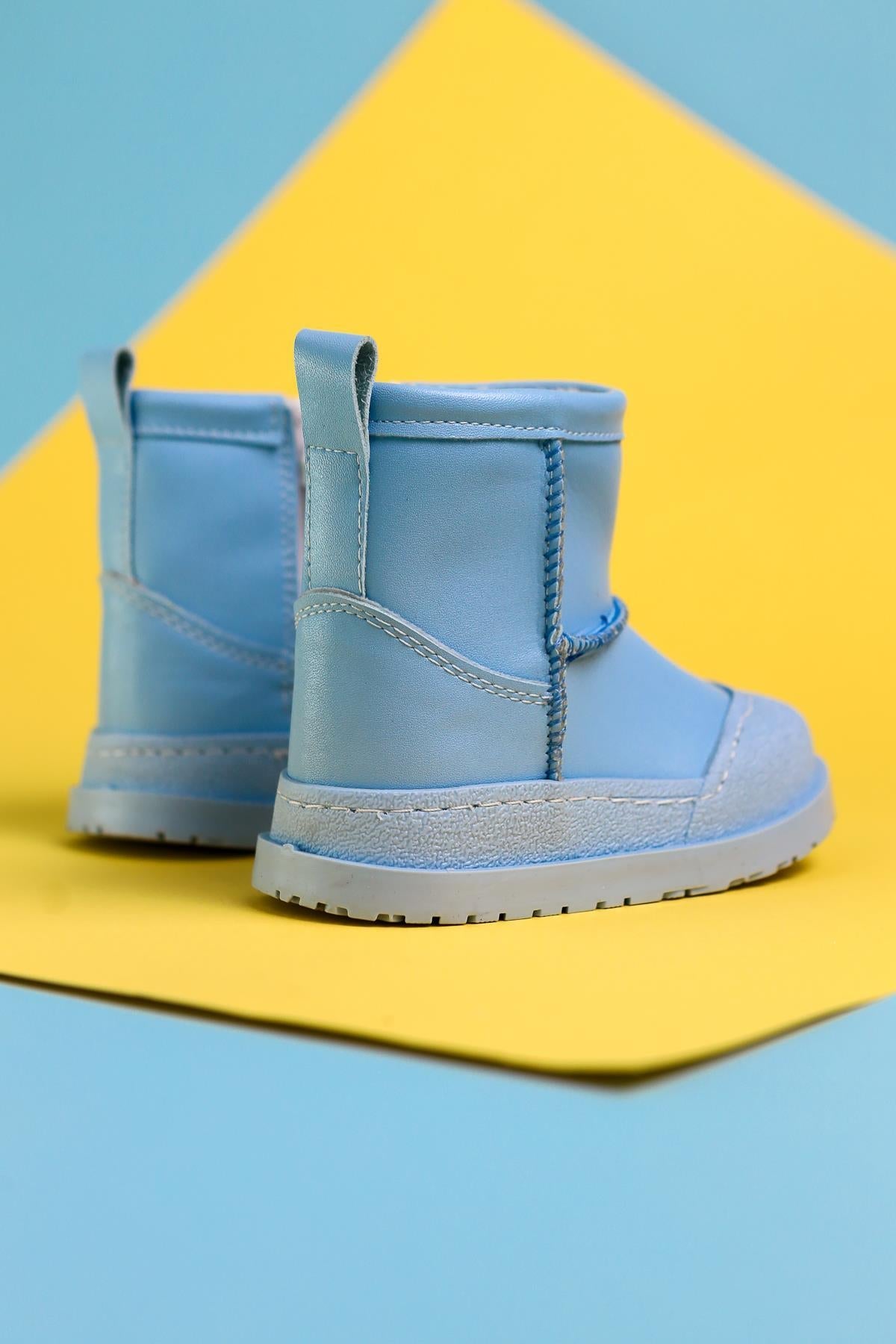 Gilla Blue Reverse Stitch Detailed Furry Lined Baby Boots