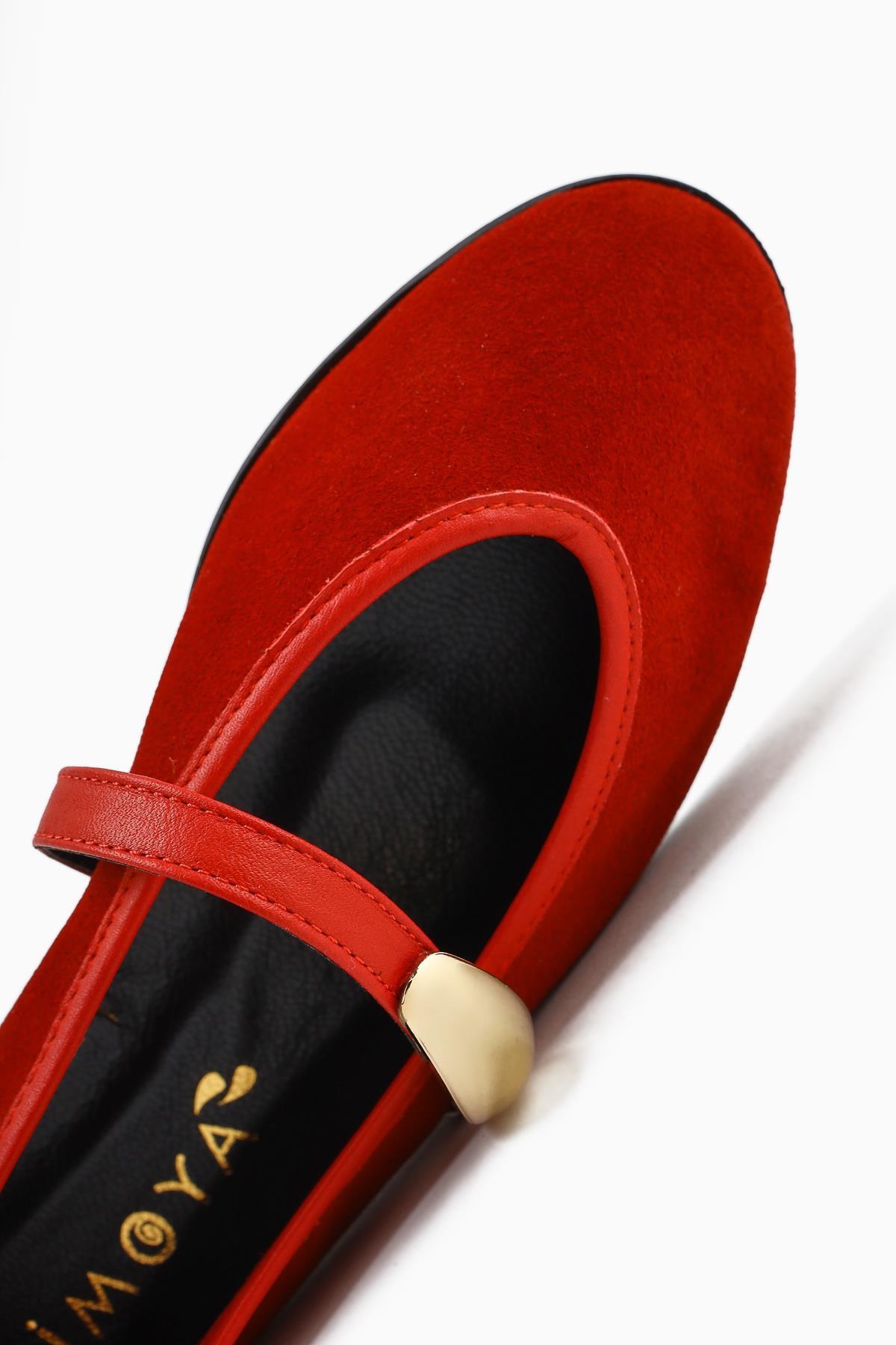 Aliana Genuine Leather – Red Suede Buckle-Detail Ballet Flat (Women)