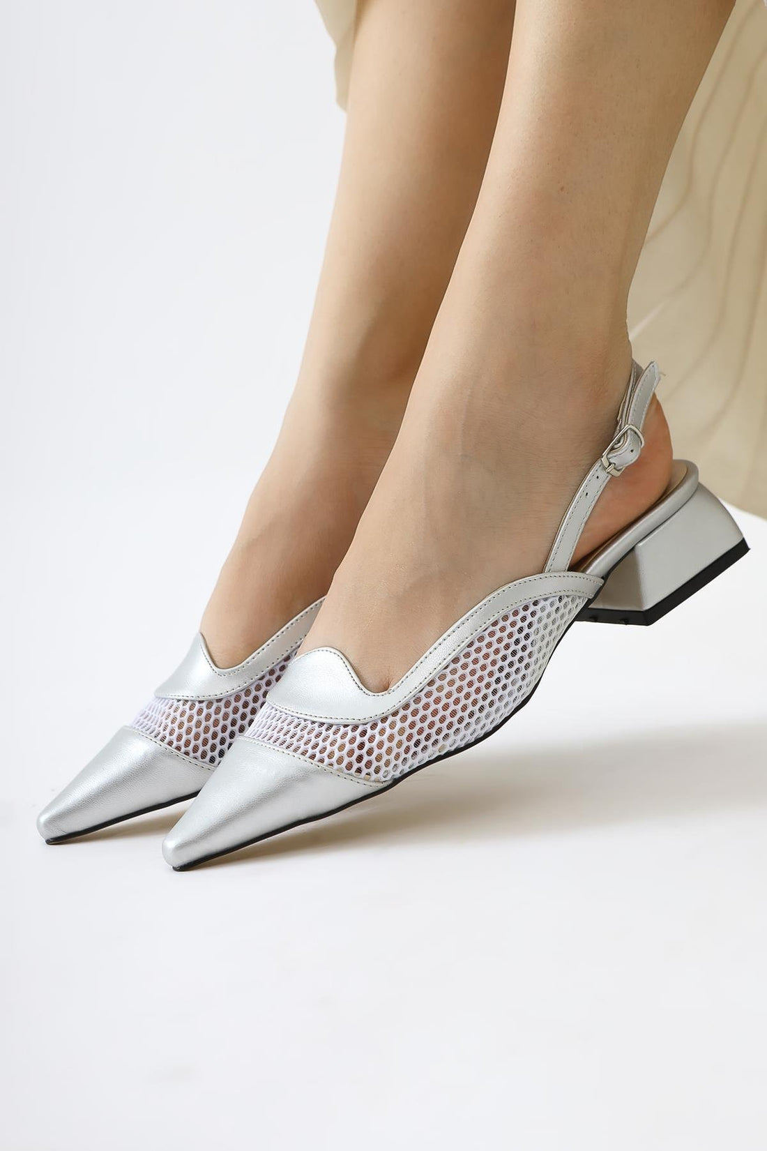 Thamara Silver Patent Pointed Toe Short Heeled Women’s Shoes