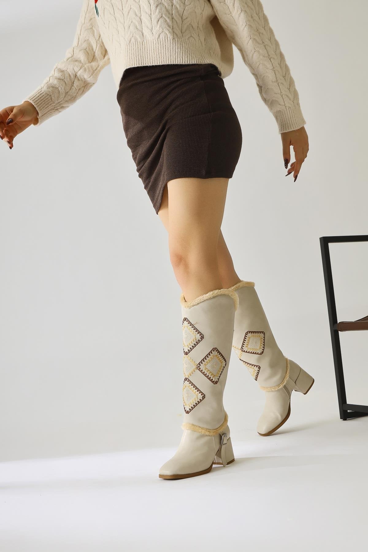 Hilka Nude Ethnic Patterned Boot with Removable Tassel