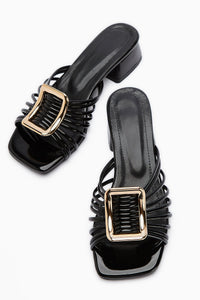 Greta – Black Patent Thick-Buckled Low Heel Slide (Women)